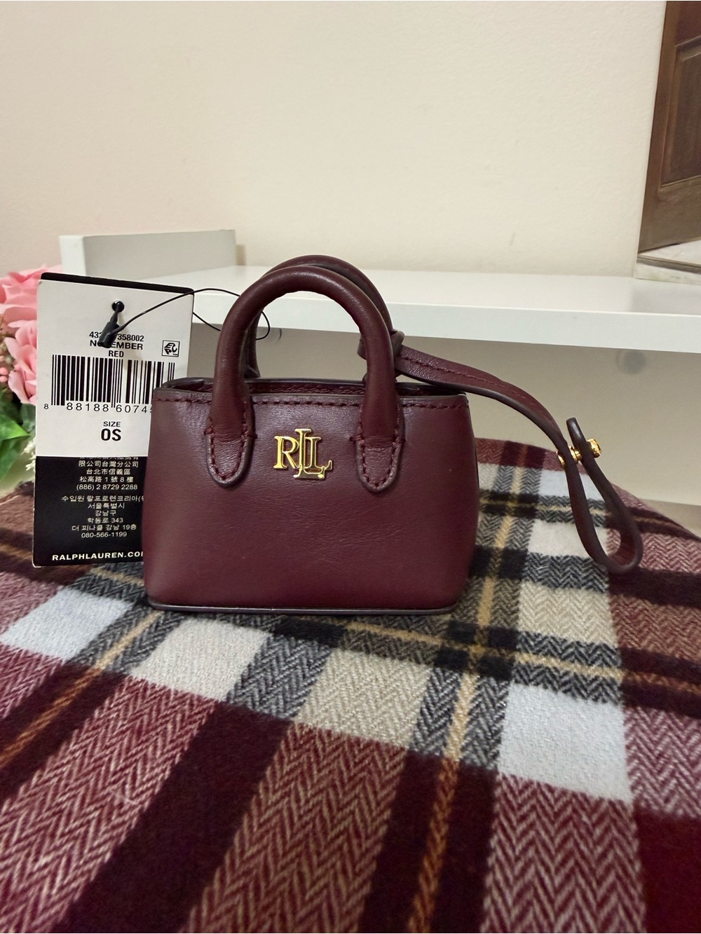 Ralph Lauren Mini Leather bag charm in Deep Burgundy with Gold RLL